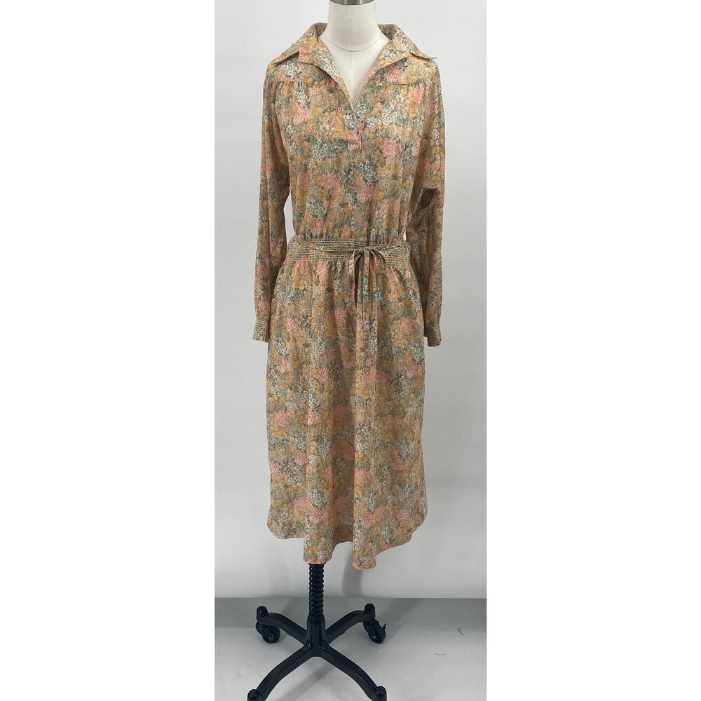 Vintage 70s Floral Print Shirtdress Long Sleeve Tie Waist Blouson Midi Dress M - Picture 2 of 11